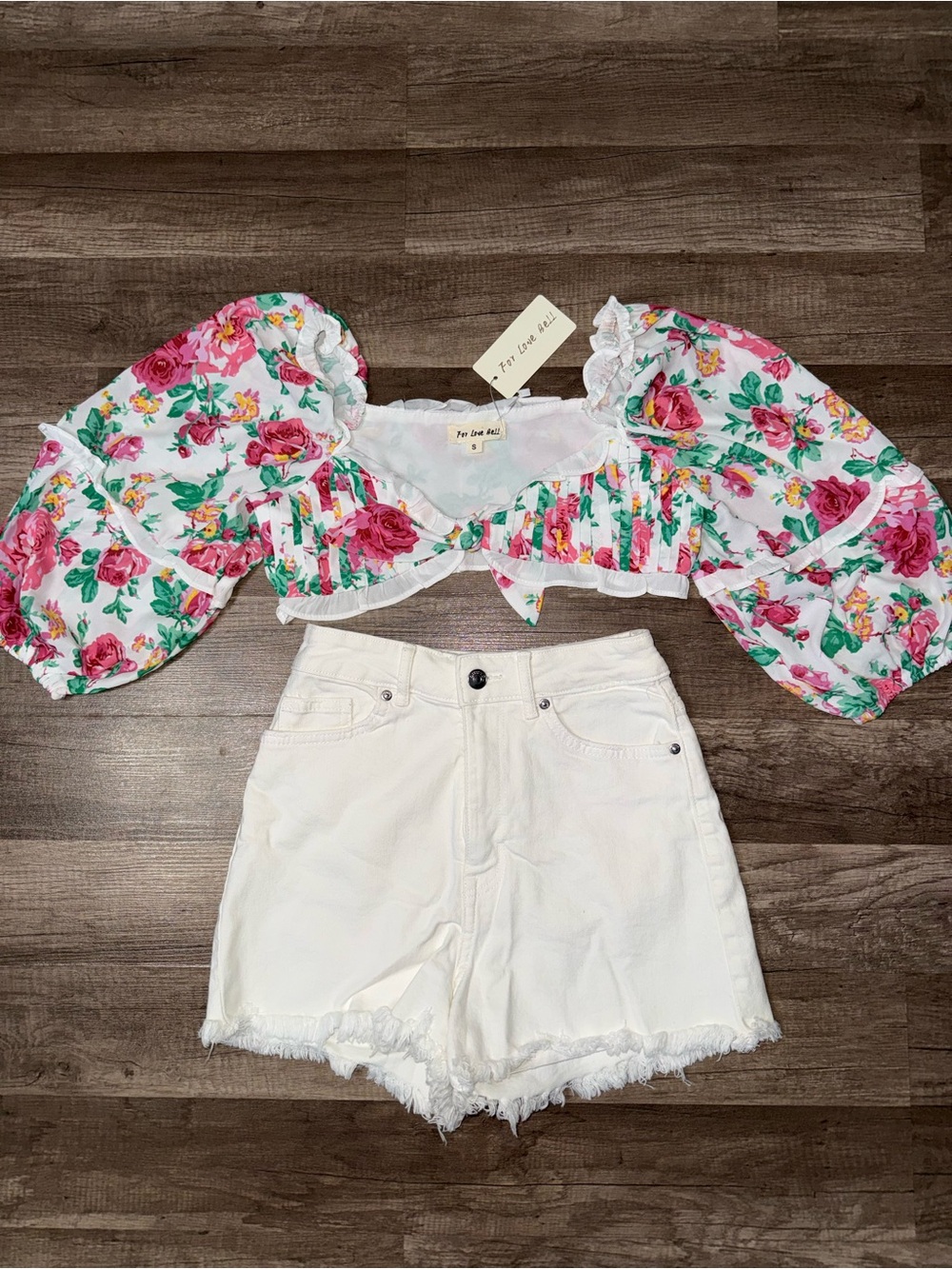 Floral Tie-Front Crop Top with Puff Sleeves - White with Pink & Green Floral